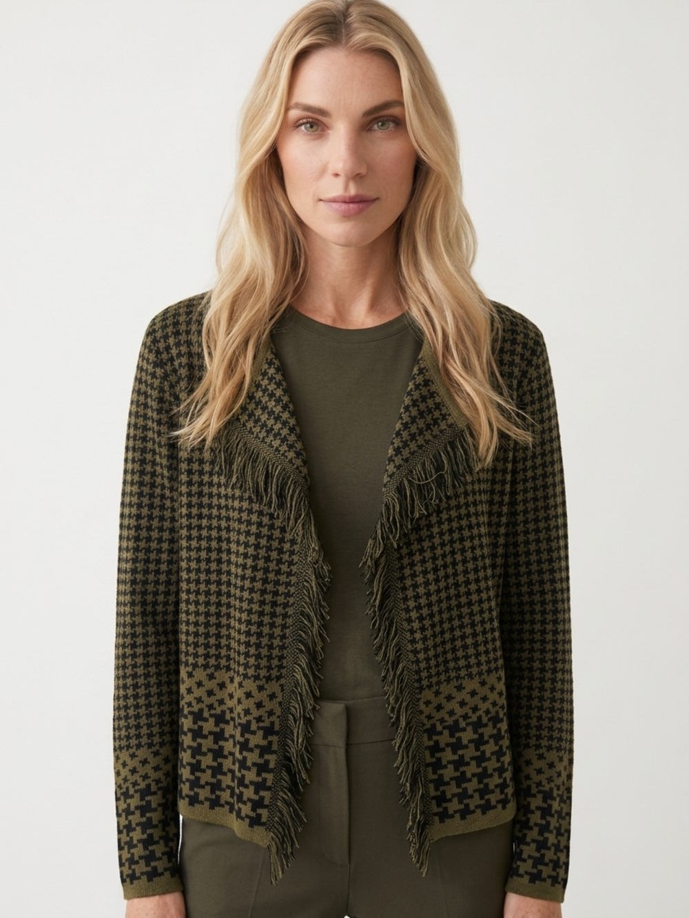 CHARLIE B Olive Black Houndstooth Fringe Waterfall Cardigan Sweater XLGT